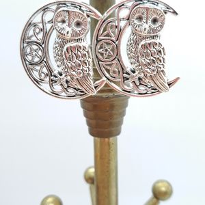 Antiqued silver owl on filigree crescent moon earrings
